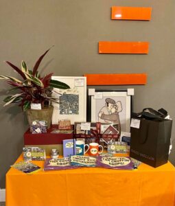 Raffle prizes displayed on a table